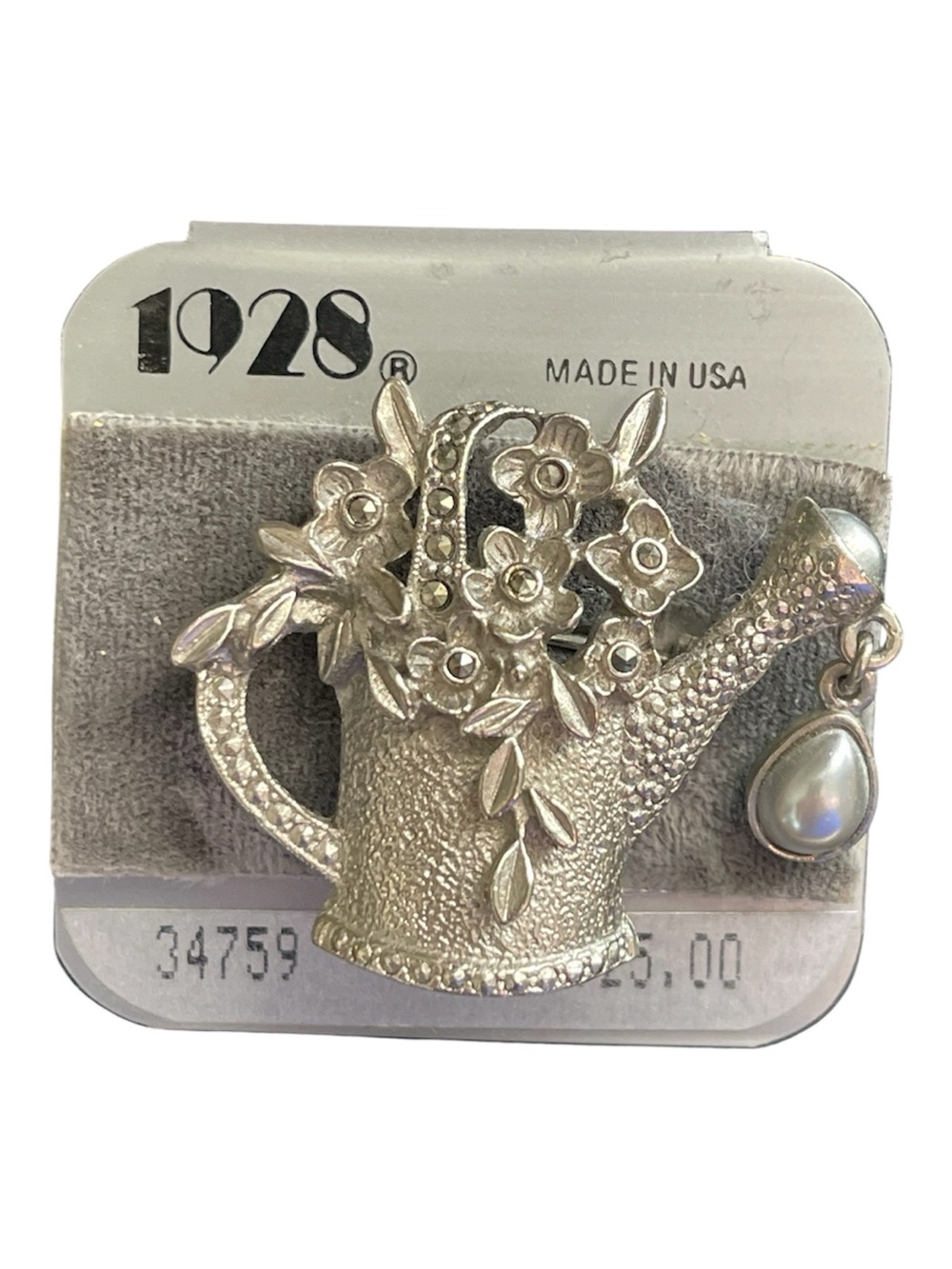 1928 Silver-Tone Watering Can Brooch with Pearl Drop - Picture 1 of 2
